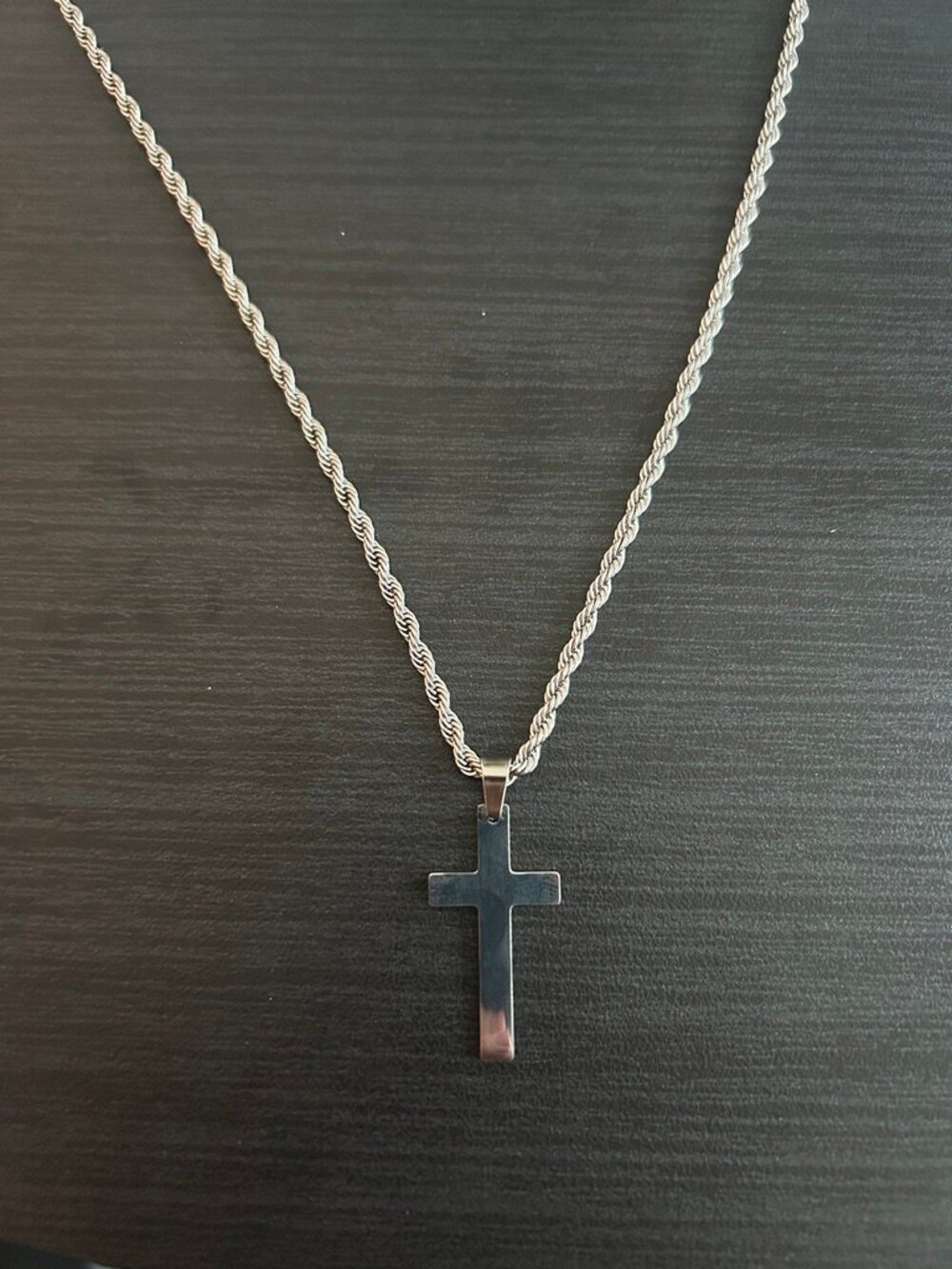 Mens Real Silver Cross Pendant Rope Chain Plated Stainless Steel 20in